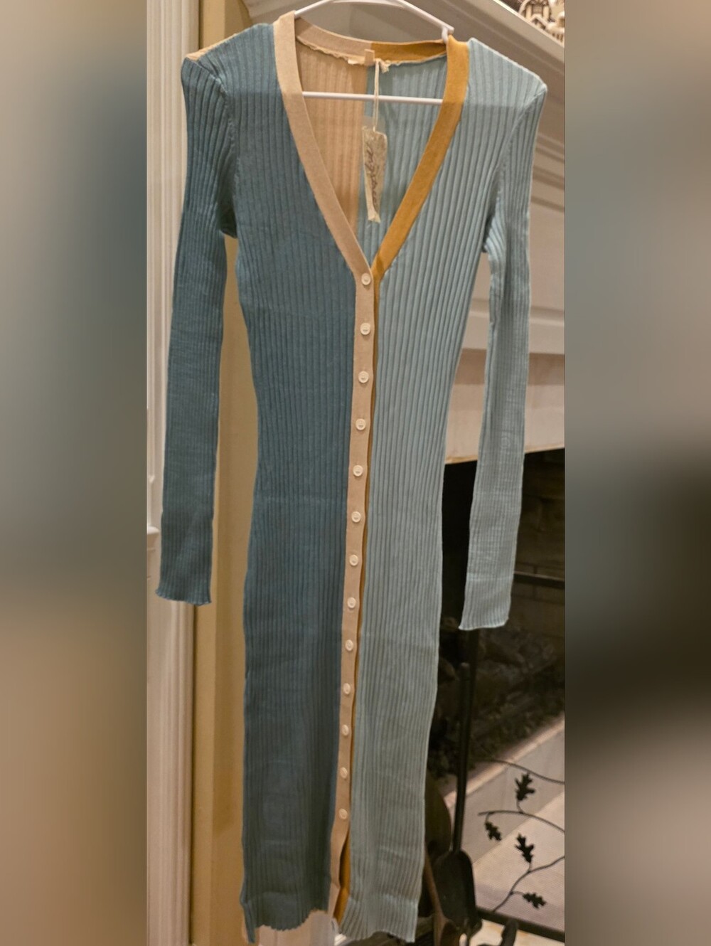 Mystree Blue Two-Tone Ribbed Button-Front Long Sleeve Dress